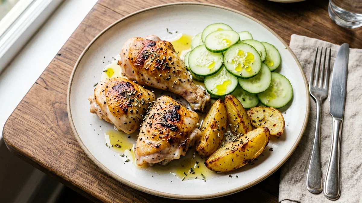 Pollo al limone e origano alla greca con patate e cetrioli