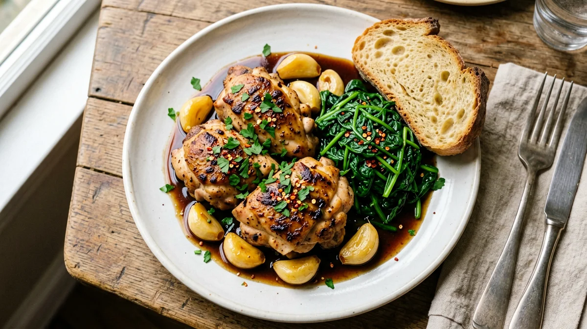 Spanish garlic chicken with spinach and bread
