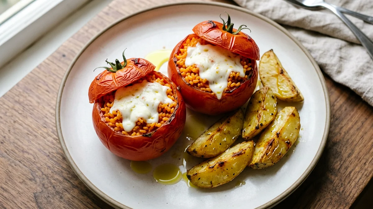 Rice-stuffed tomatoes with mozzarella and potatoes