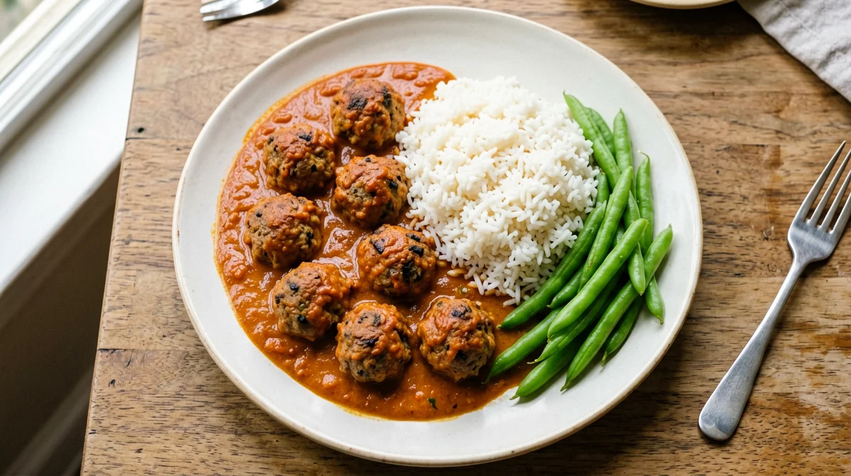 Albóndigas al pomodoro con riso e fagiolini