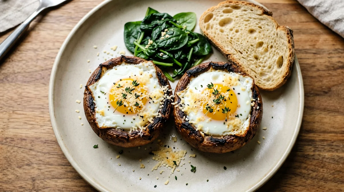 Gratinated portobello mushrooms with egg and spinach