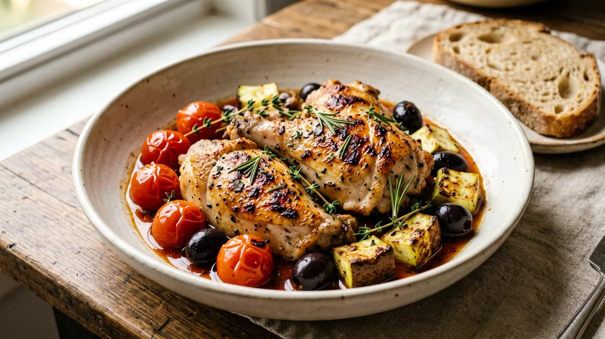 Pollo alla provenzale con pomodorini, olive e zucchine