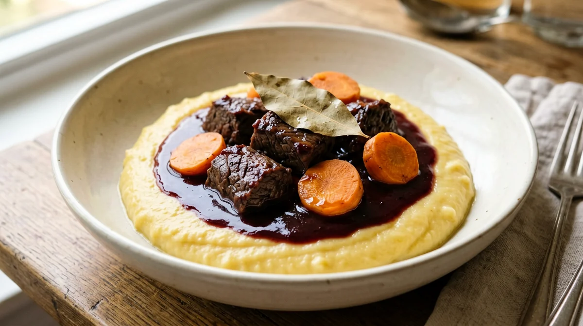 Manzo stufato al vino rosso con carote e polenta
