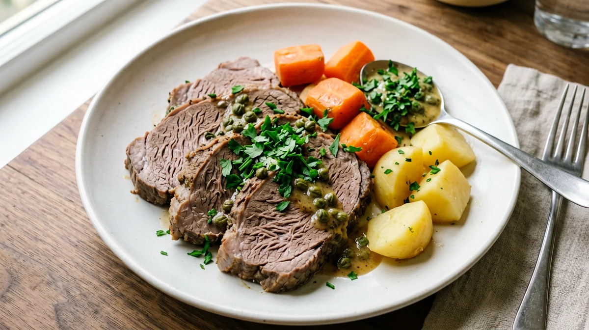 Bollito di manzo con salsa verde, carote e patate