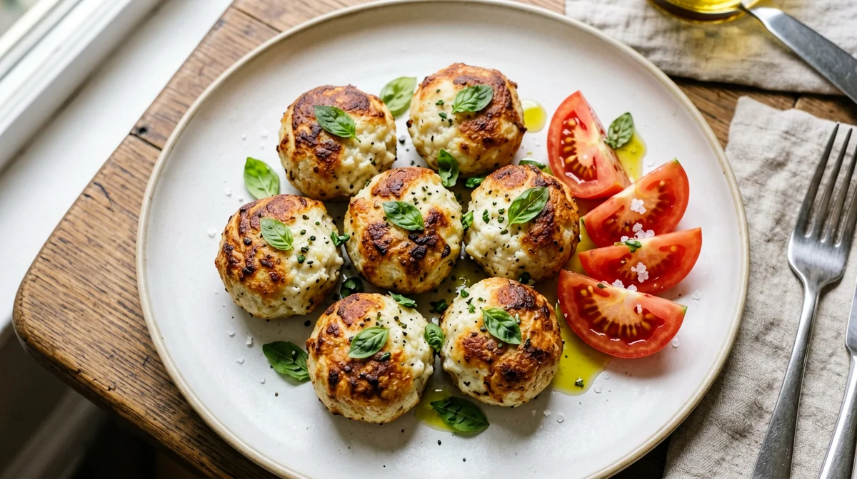 Polpette di melanzane e pecorino al forno con insalata di pomodori