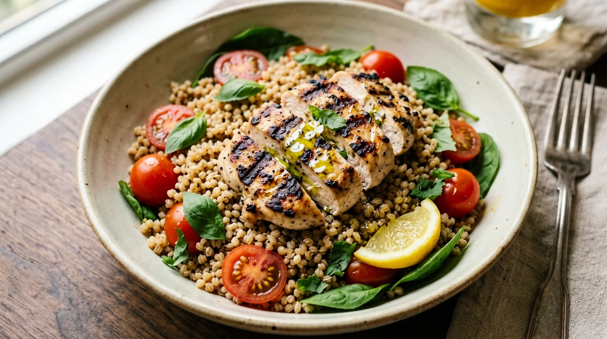 Insalata tiepida di pollo grigliato con farro, pomodorini e rucola