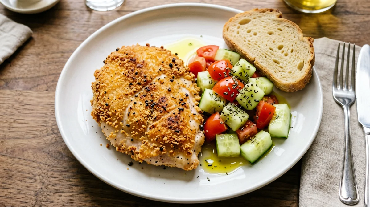 Baked chicken cutlet with tomato and cucumber salad and bread
