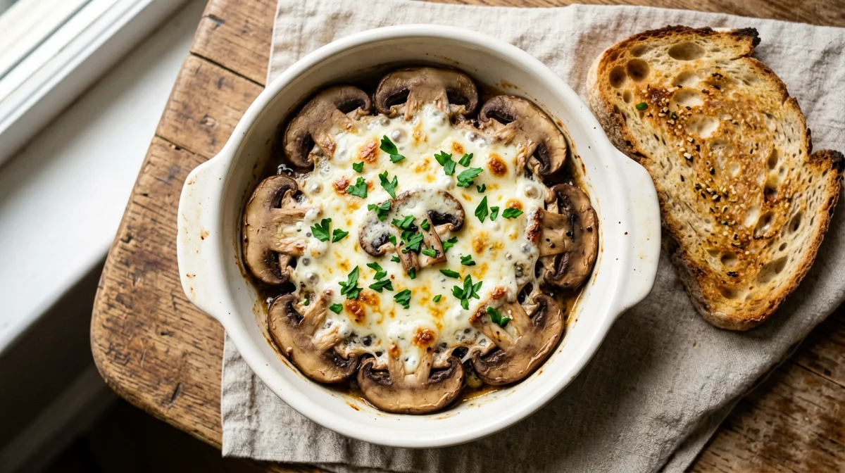 Baked provola with mushrooms and toast