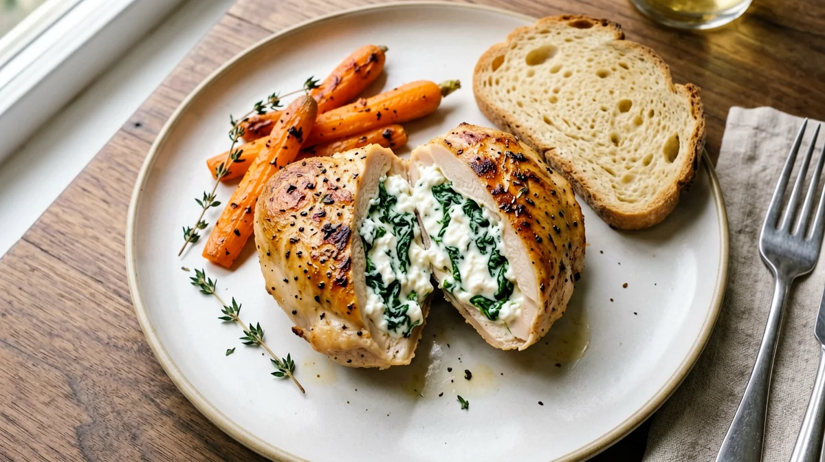 Chicken breast stuffed with spinach and ricotta with roast carrots