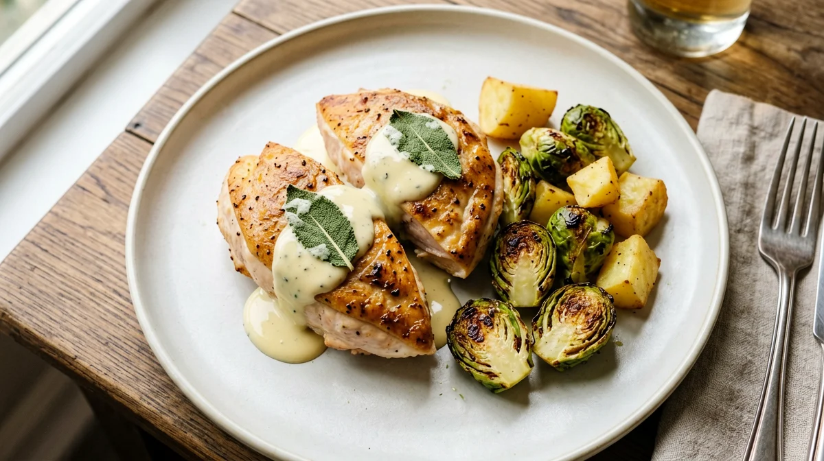 Sage turkey with Brussels sprouts and potatoes