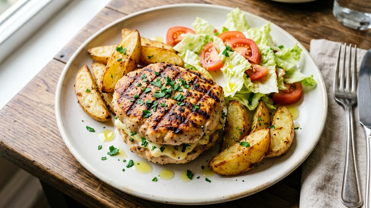 Hamburger di pollo con patate al forno e lattuga