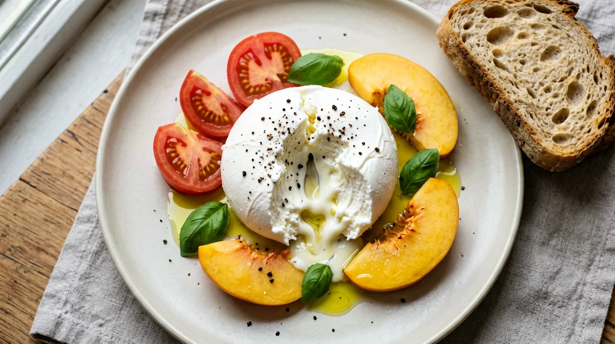 Burrata with tomatoes, peaches and basil, with bread