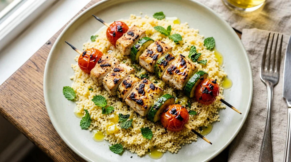 Turkey, zucchini and cherry tomato skewers with couscous