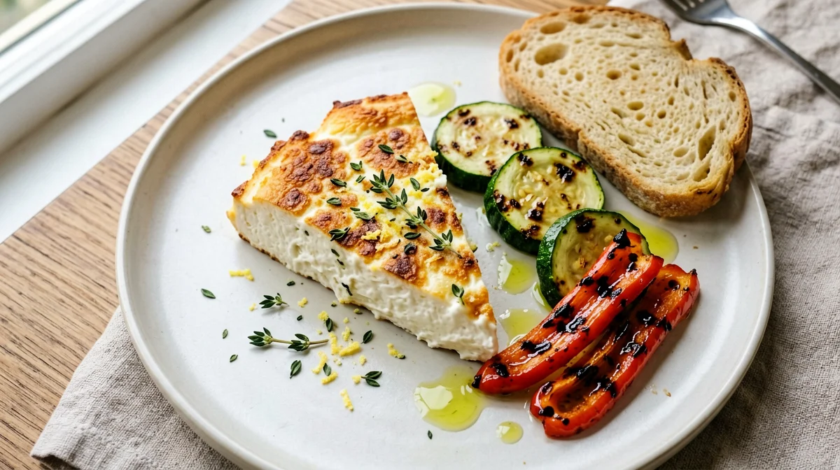 Herb-baked ricotta with grilled vegetables and bread