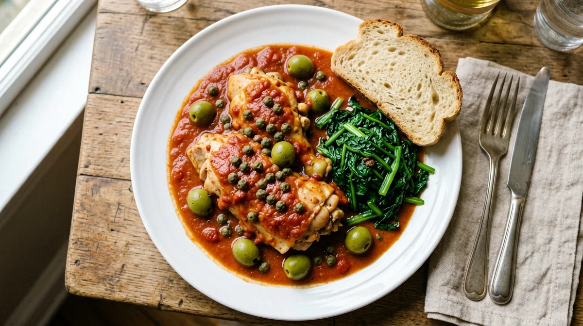 Pollo in umido con olive, capperi e bietole