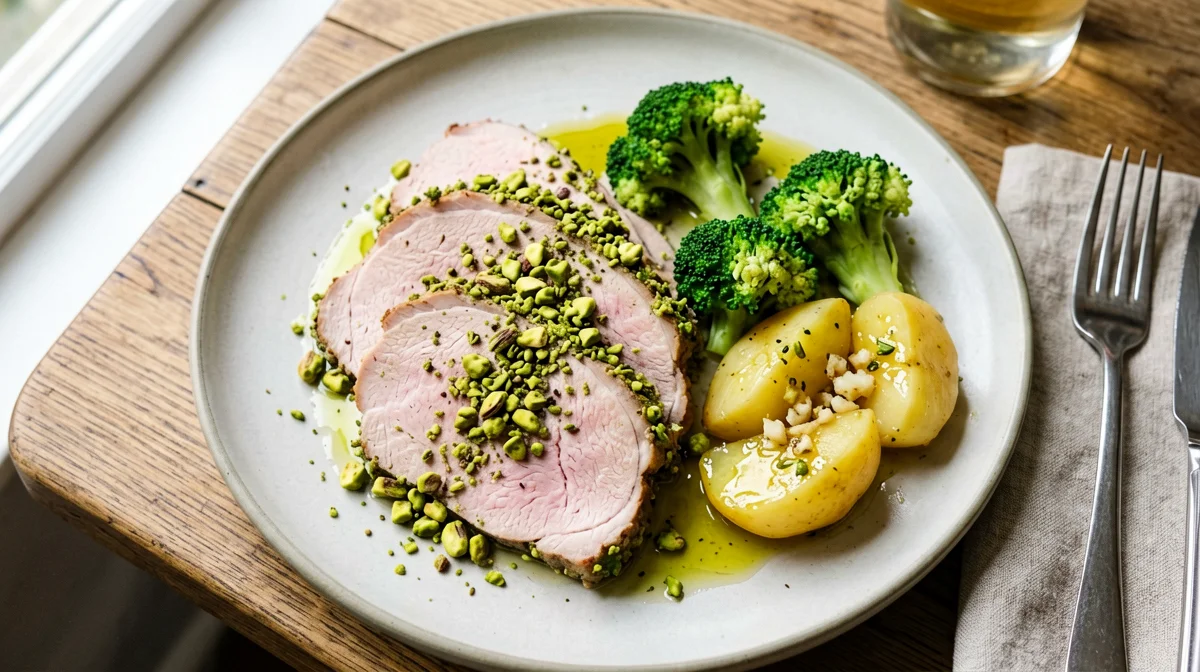 Filetto di maiale in crosta di pistacchi con broccoli e patate