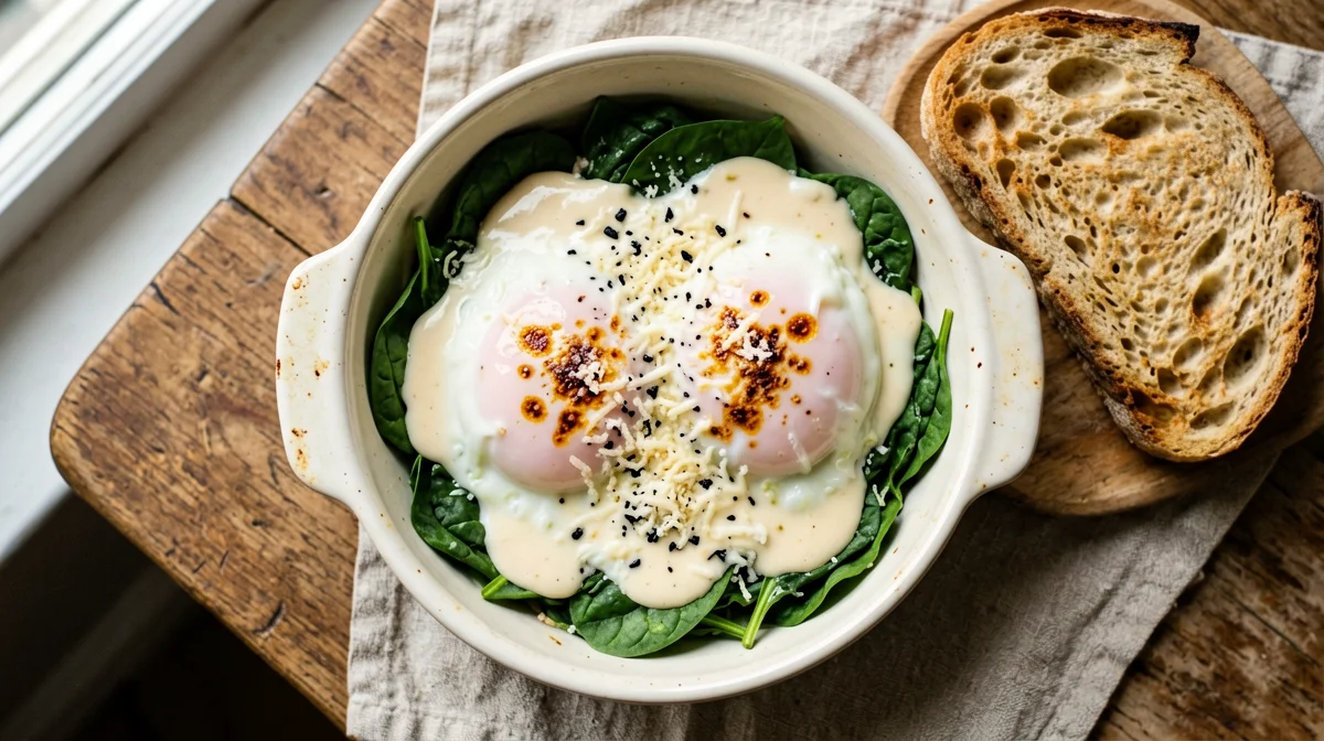 Eggs Florentine with spinach and bread