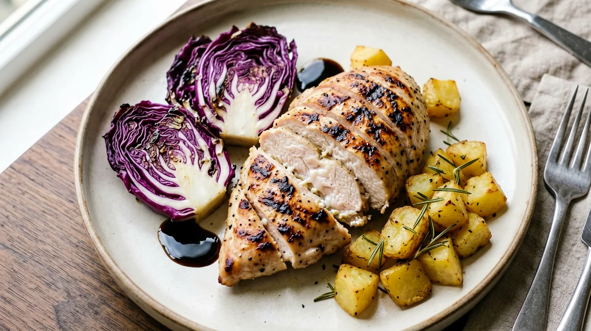Sliced chicken with grilled radicchio and potatoes