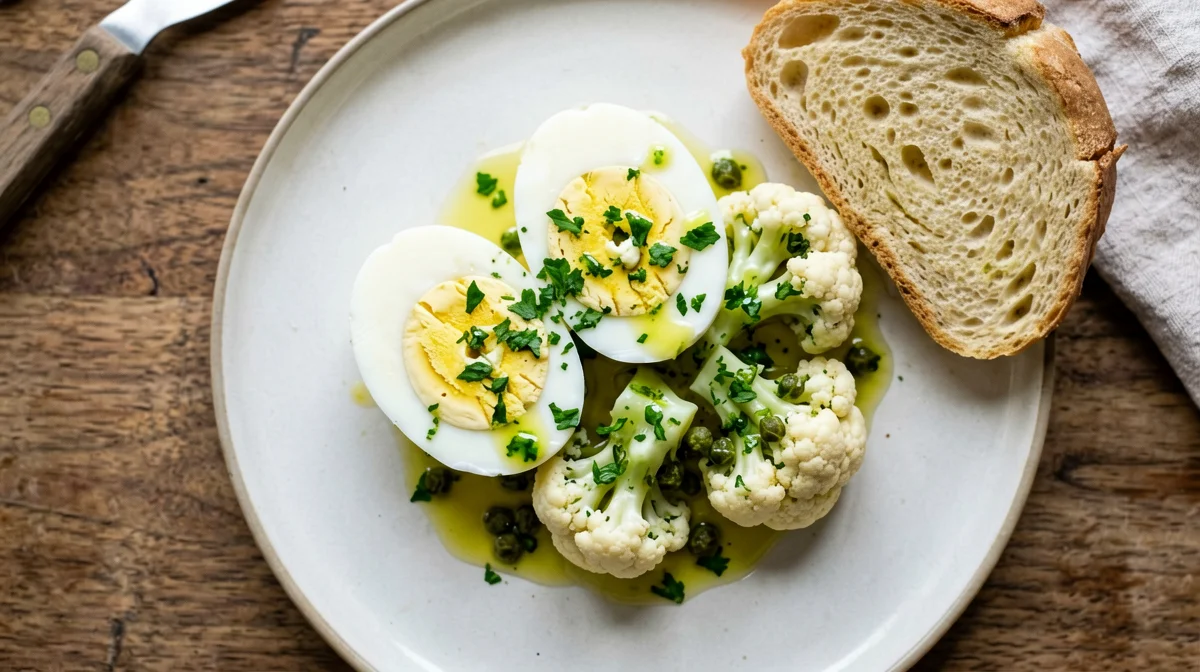 Boiled eggs in salsa verde with cauliflower and bread