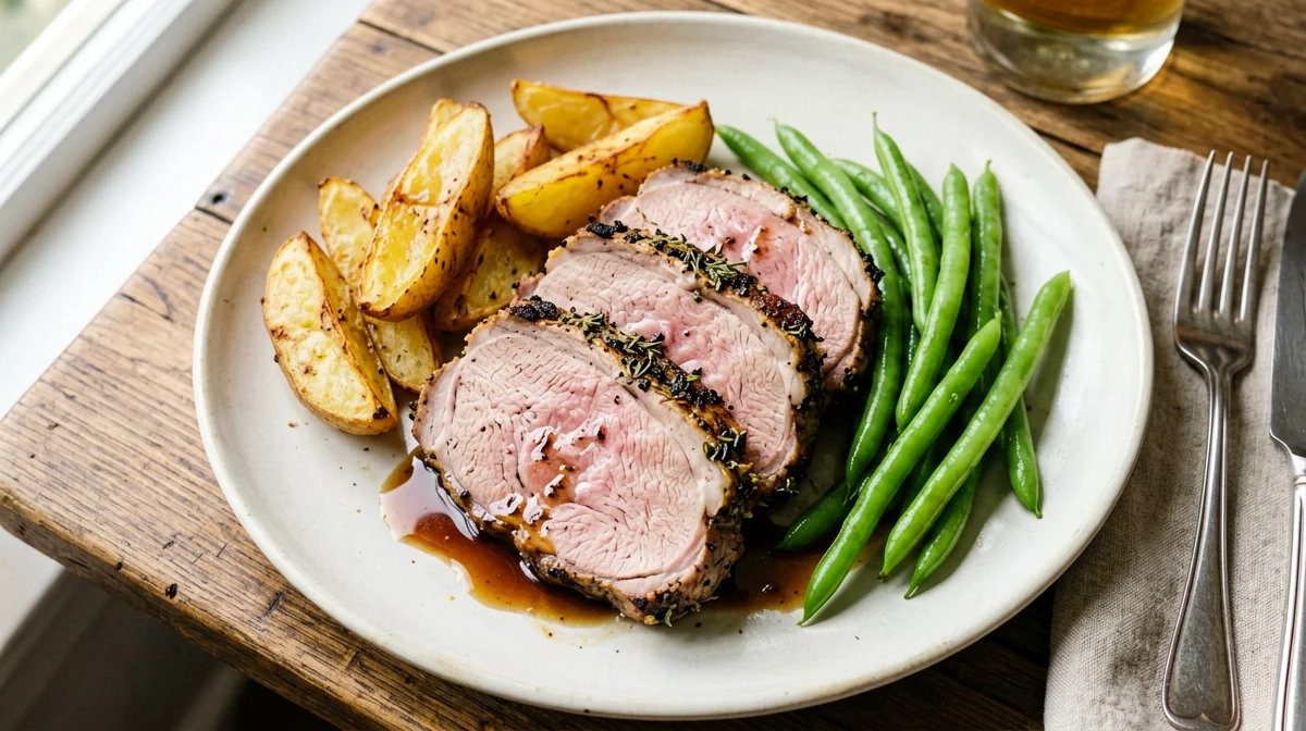 Arrosto di vitello alle erbe con patate e fagiolini