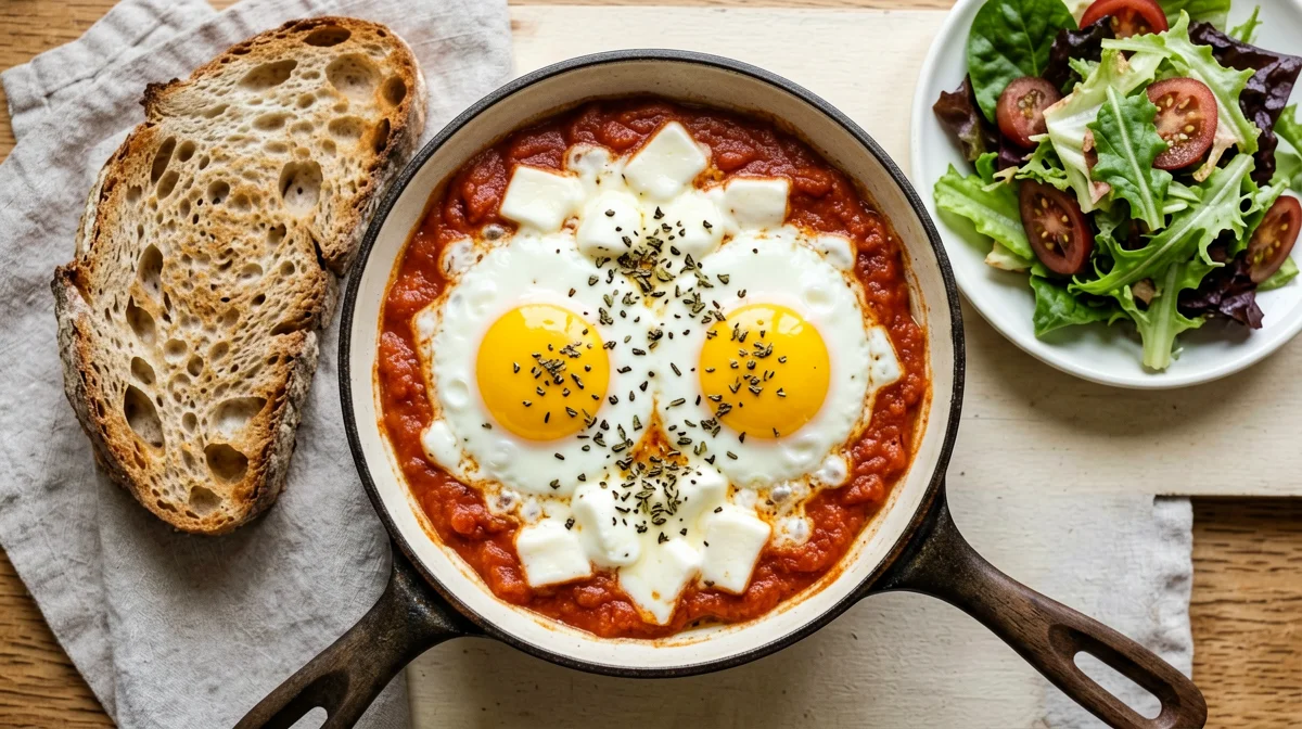 Eggs pizzaiola with mozzarella and bread