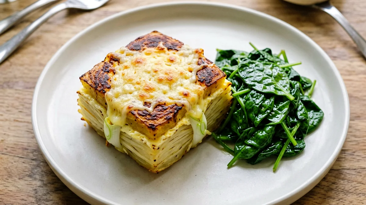 Tortino di patate, porri e scamorza con spinaci
