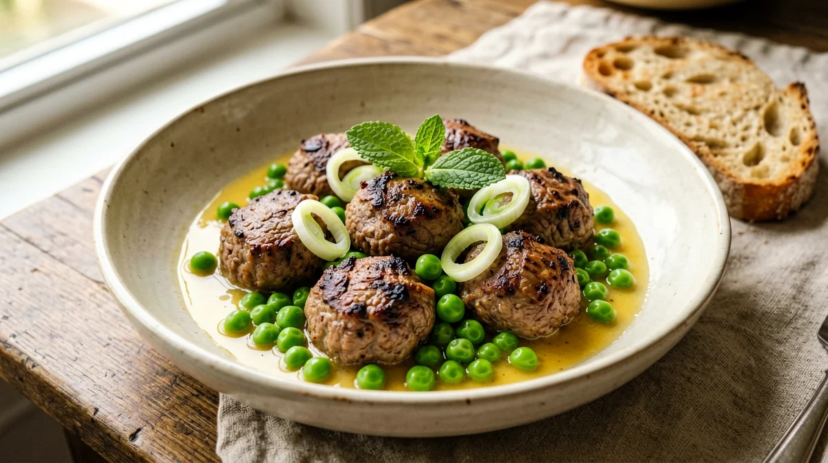 Veal morsels with peas and mint, with bread