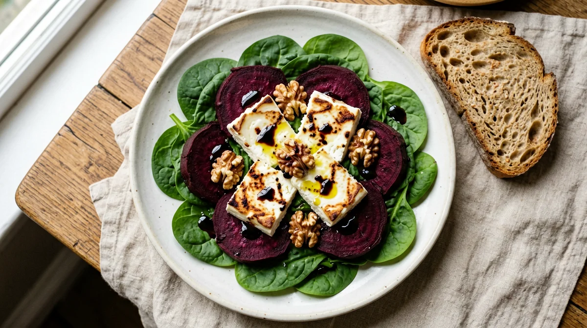 Grilled goat's cheese with beetroot, walnuts and bread