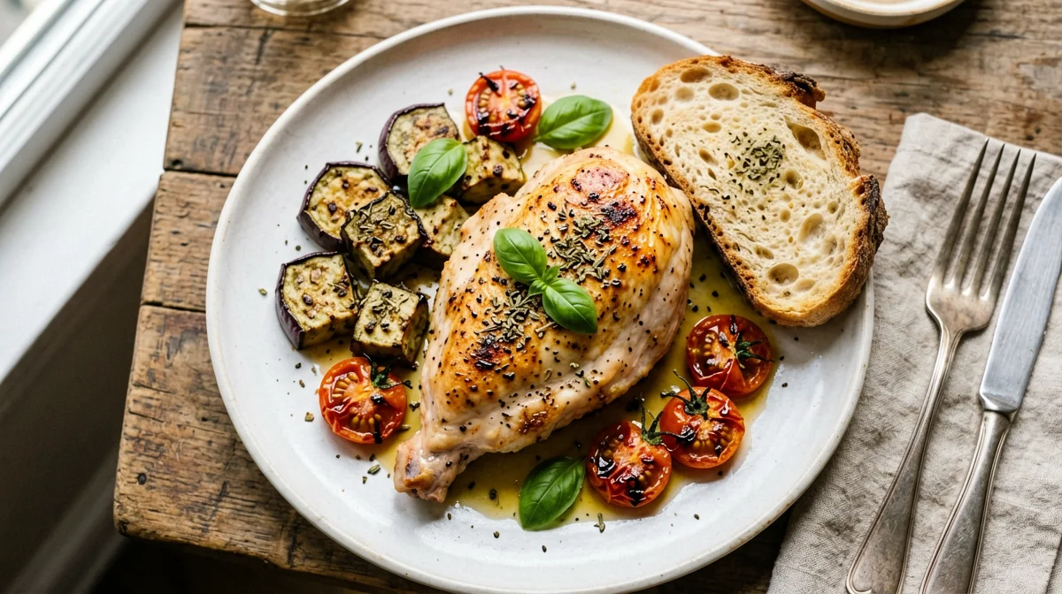 Baked chicken breast with aubergine and cherry tomatoes