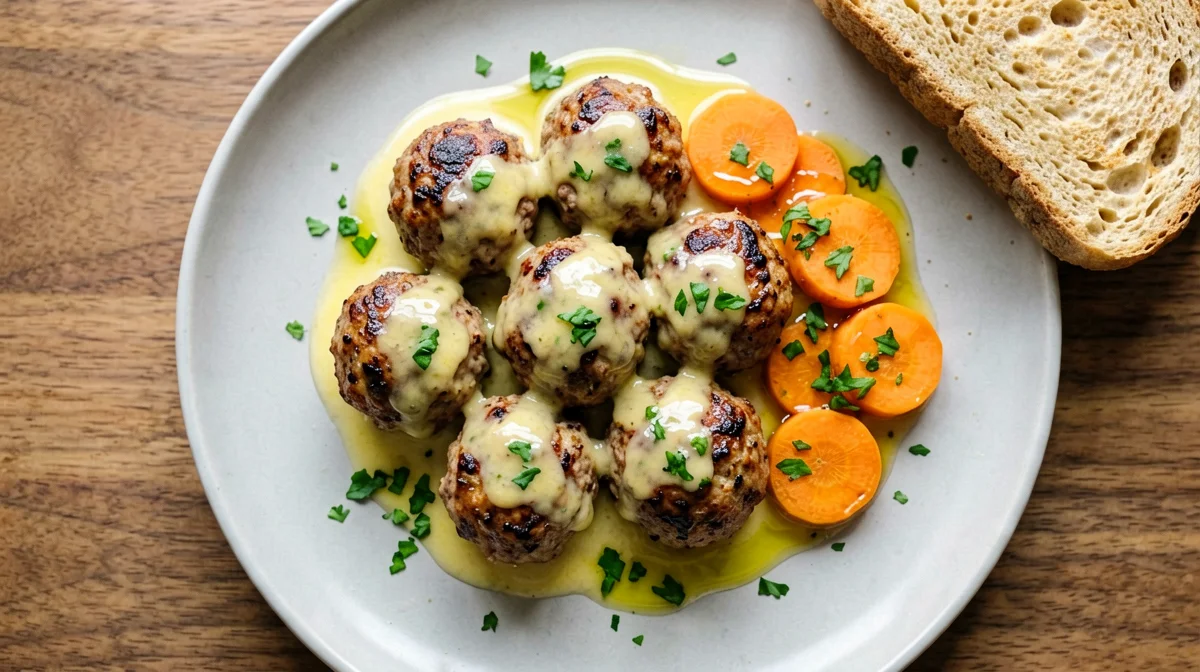 Polpettine di vitello al limone con carote al vapore e pane