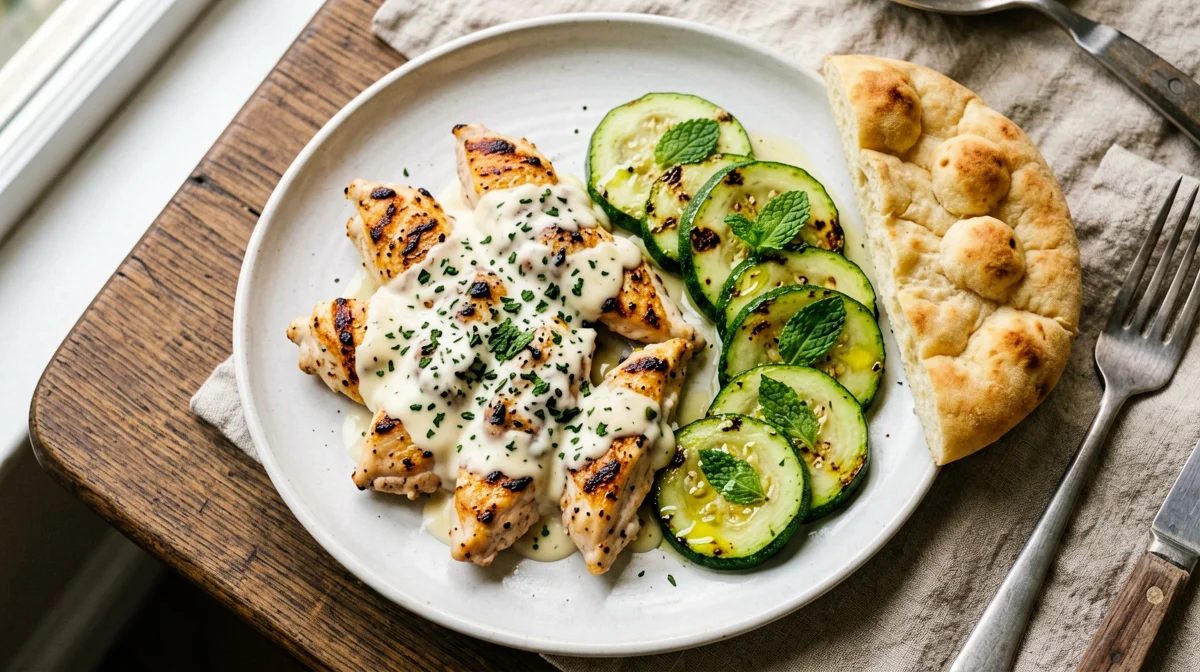 Yogurt-lemon marinated chicken with grilled zucchini and pita