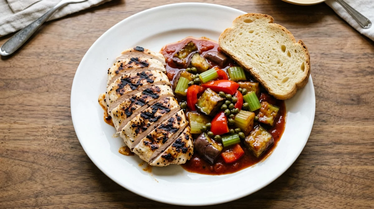 Grilled turkey with light caponata and bread
