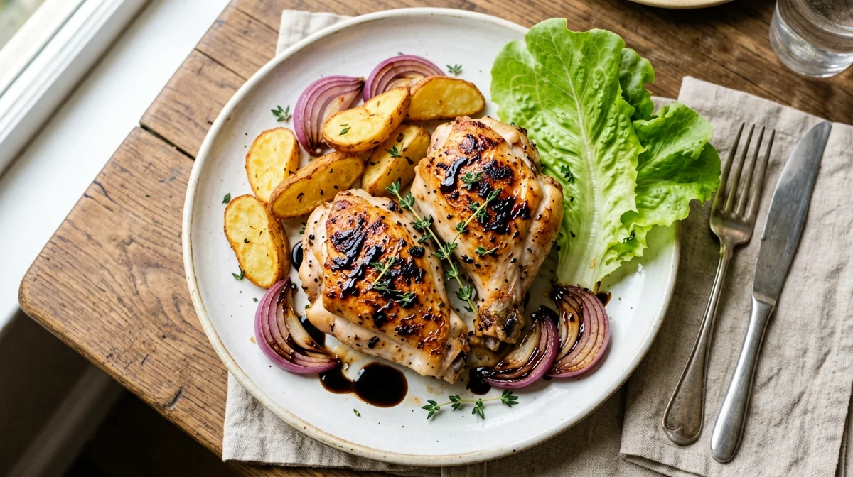 Baked chicken thighs with potatoes, red onions and thyme