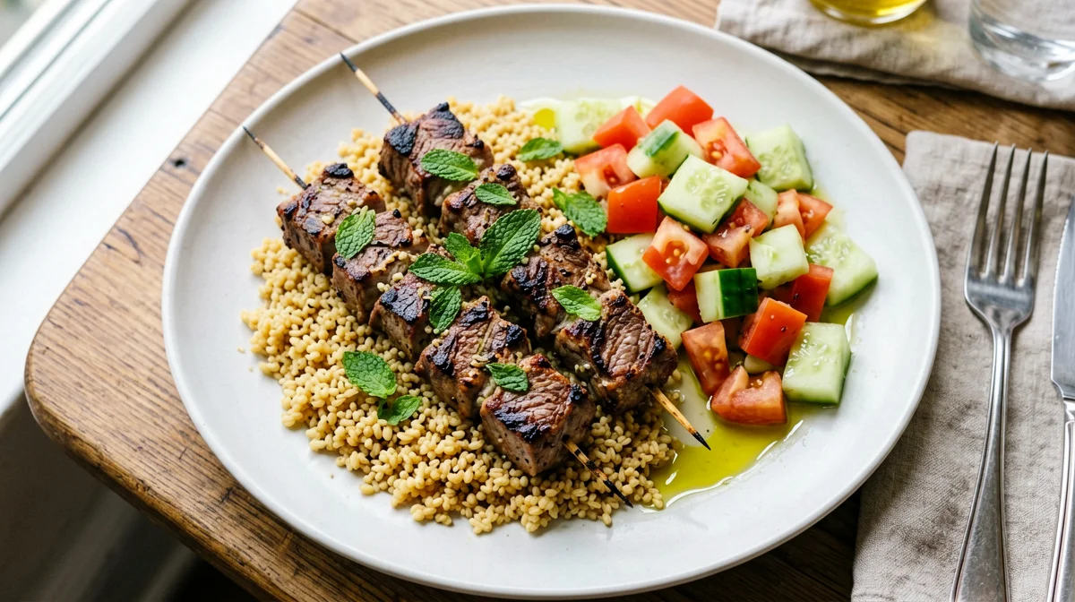 Minted lamb skewers with bulgur and tomato salad