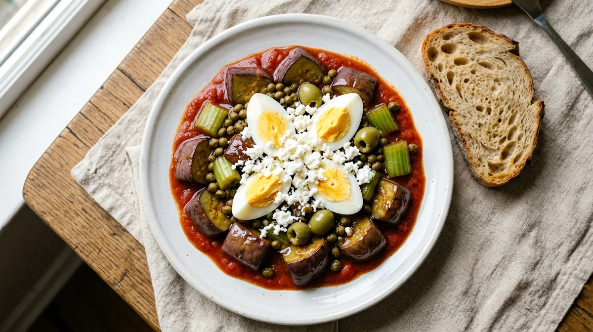 Caponata con uovo sodo, ricotta salata e pane