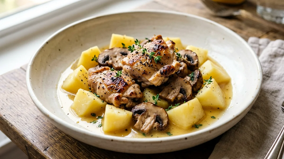Chicken in white wine with mushrooms and potatoes