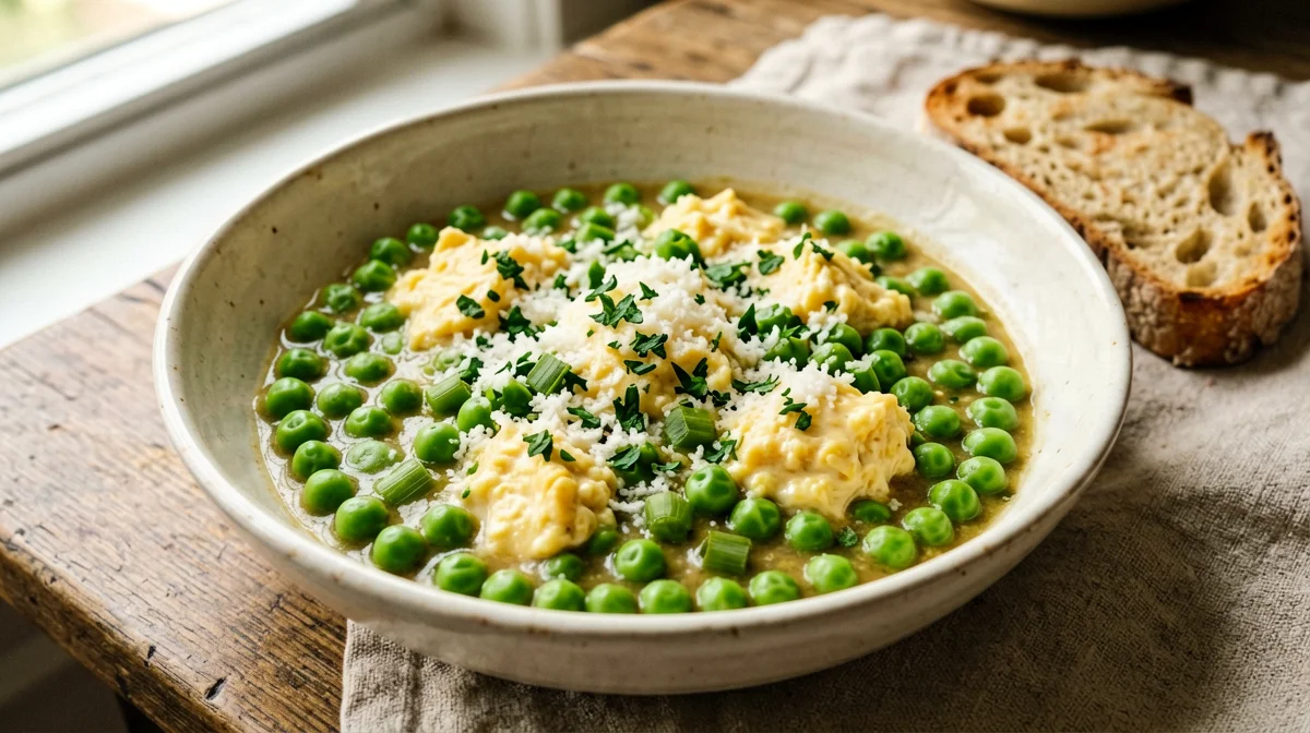 Peas with cheese and eggs, with bread