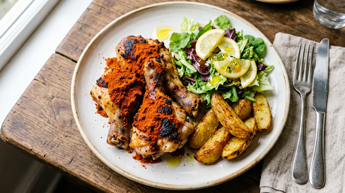 Paprika baked chicken drumsticks with potatoes and salad
