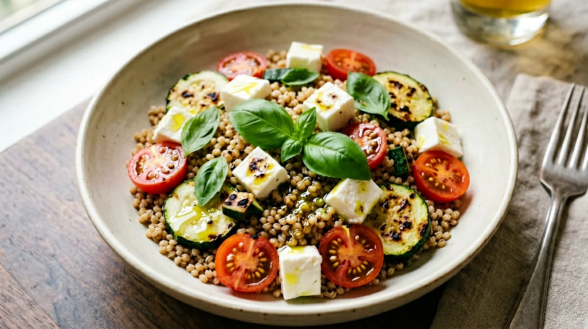 Farro with mozzarella, grilled zucchini and cherry tomatoes