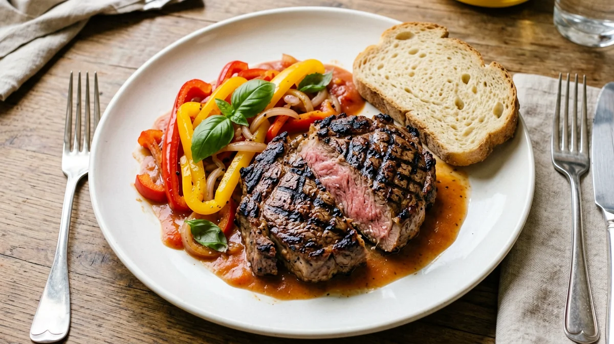 Grilled rump steak with peperonata and bread