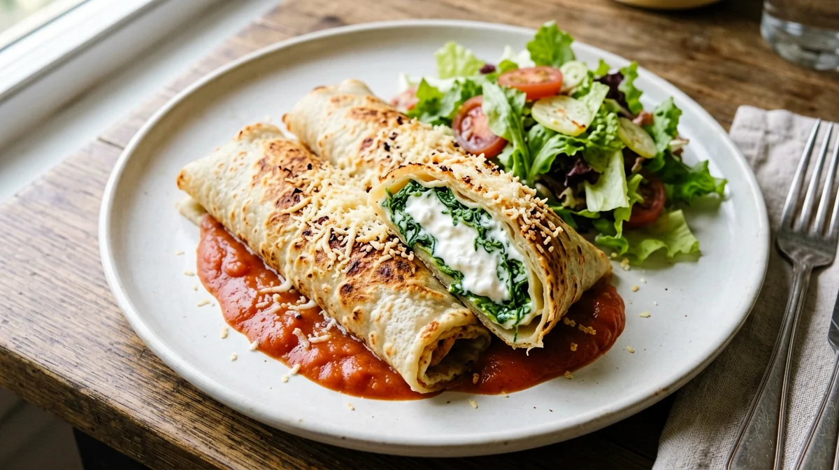 Crespelle di ricotta e spinaci al forno con insalata