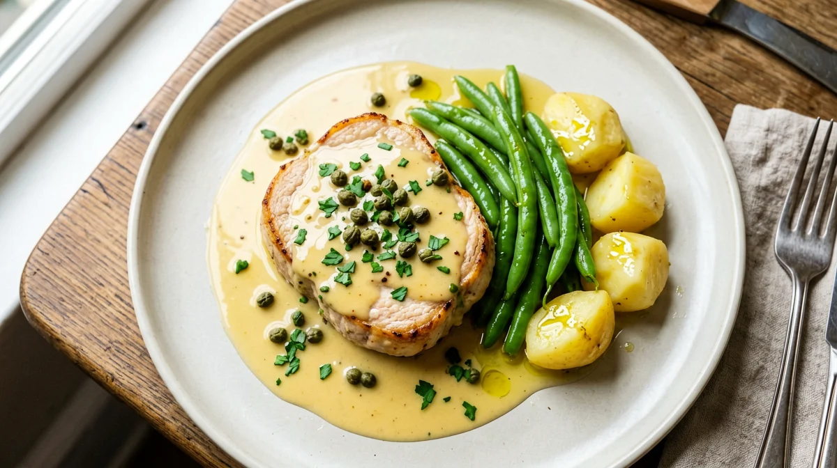 Lemon-caper pork escalopes with green beans and potatoes
