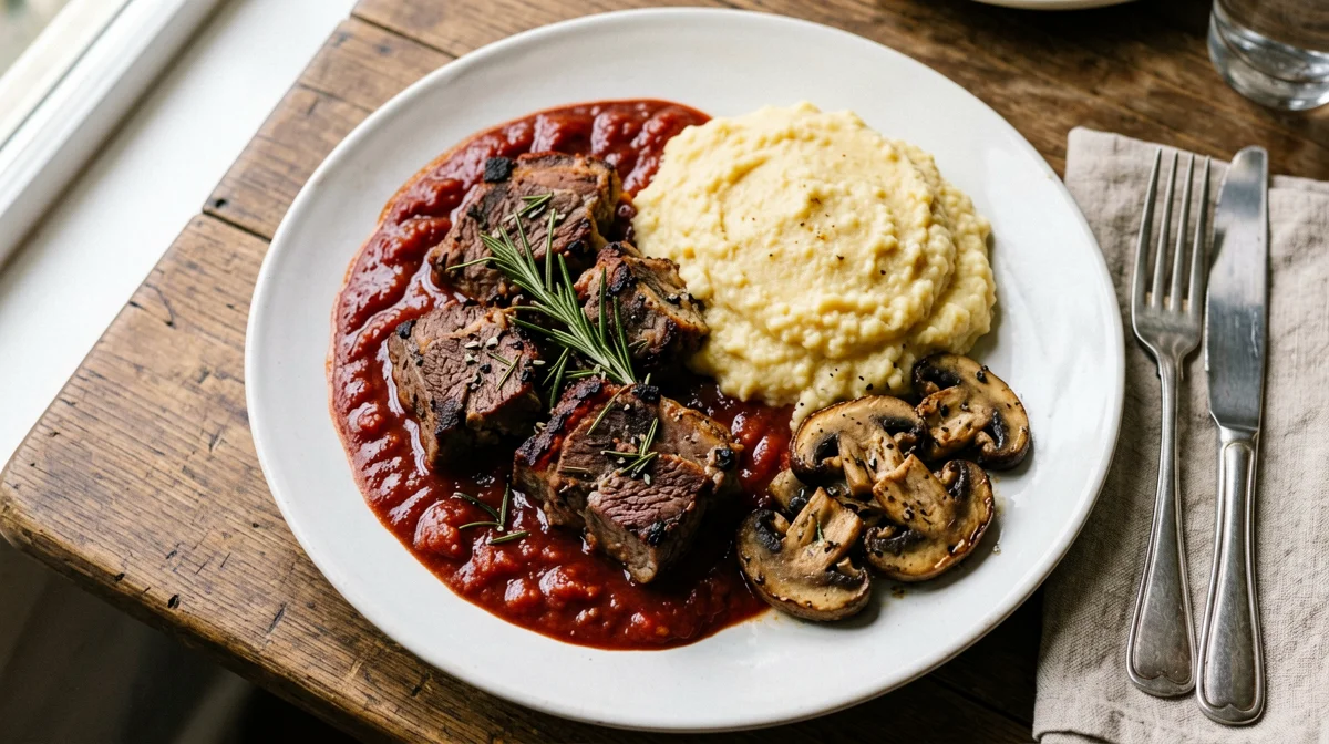 Wild boar stew with polenta and mushrooms