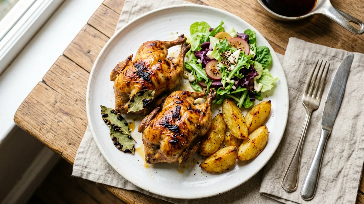 Roast quails with sage and potatoes
