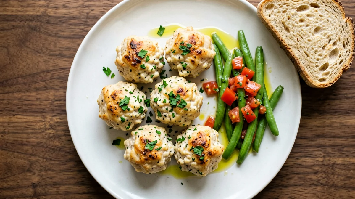 Baked chicken and ricotta meatballs with green beans and tomatoes