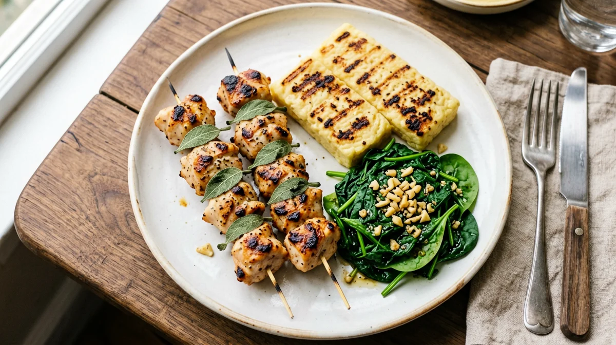 Spiedini di pollo alla salvia con polenta grigliata e spinaci