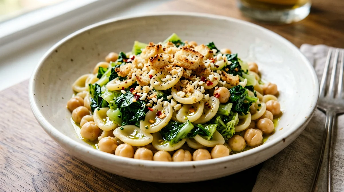 Orecchiette con cime di rapa, ceci e mollica croccante