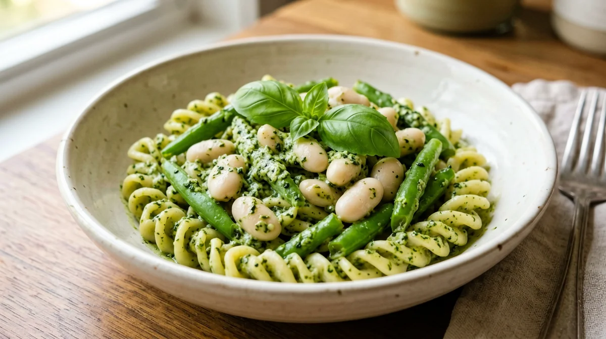 Trofie al pesto leggero con fagiolini e cannellini