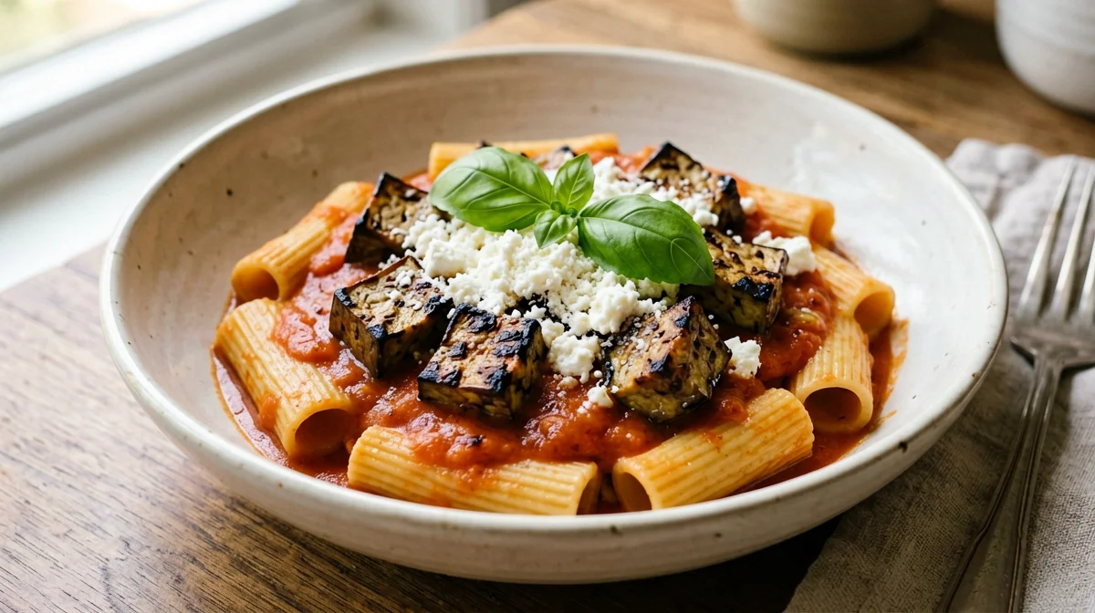 Mezze maniche alla norma with baked aubergine and ricotta salata