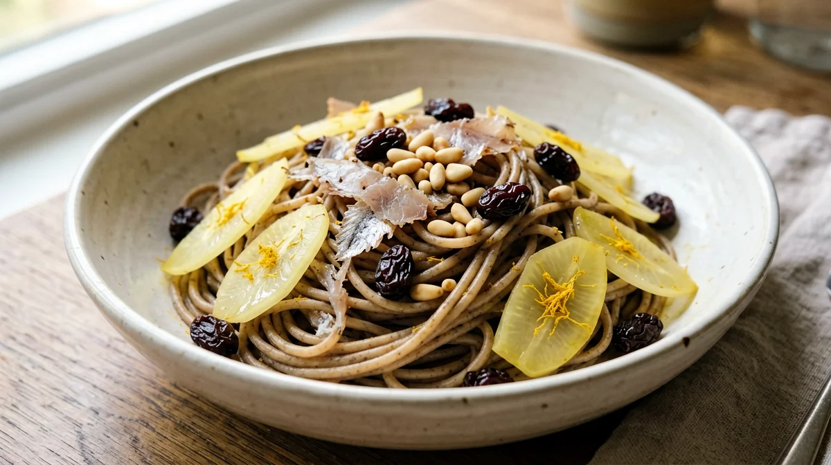 Spaghetti integrali con sarde fresche, finocchietto e pinoli
